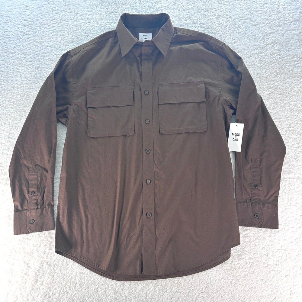 Mode of One Men Small Brown Utility Button Down Shirt Long Sleeve Cotton Stretch